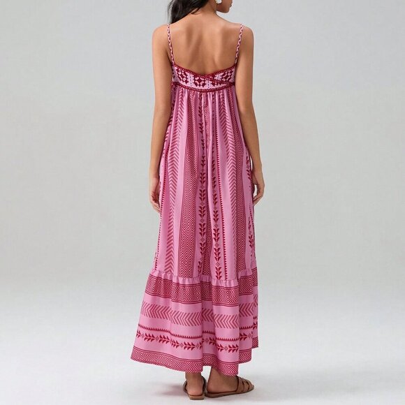Pink Boho Women's Sleeveless Spaghetti Strap Flowy Beach Maxi Dress - Picture 6 of 6